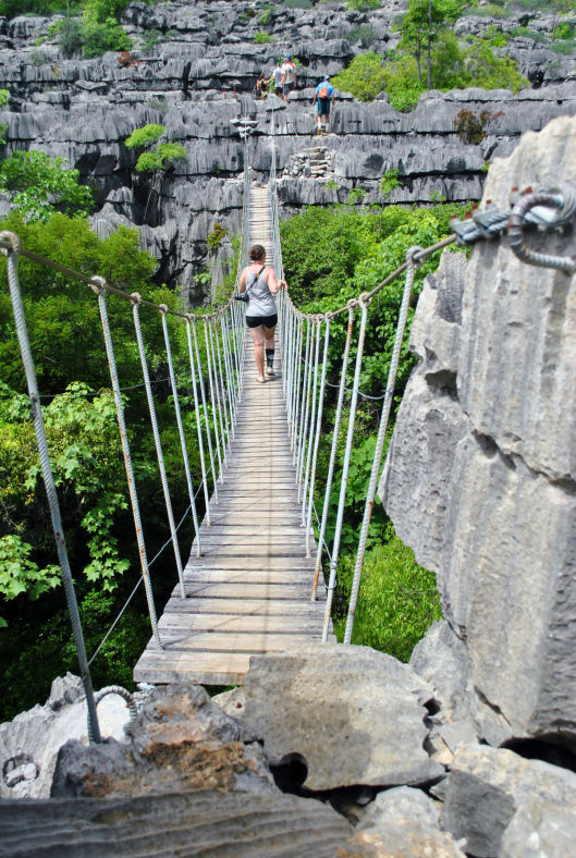 crossing the tsingys on a makeshift bridge