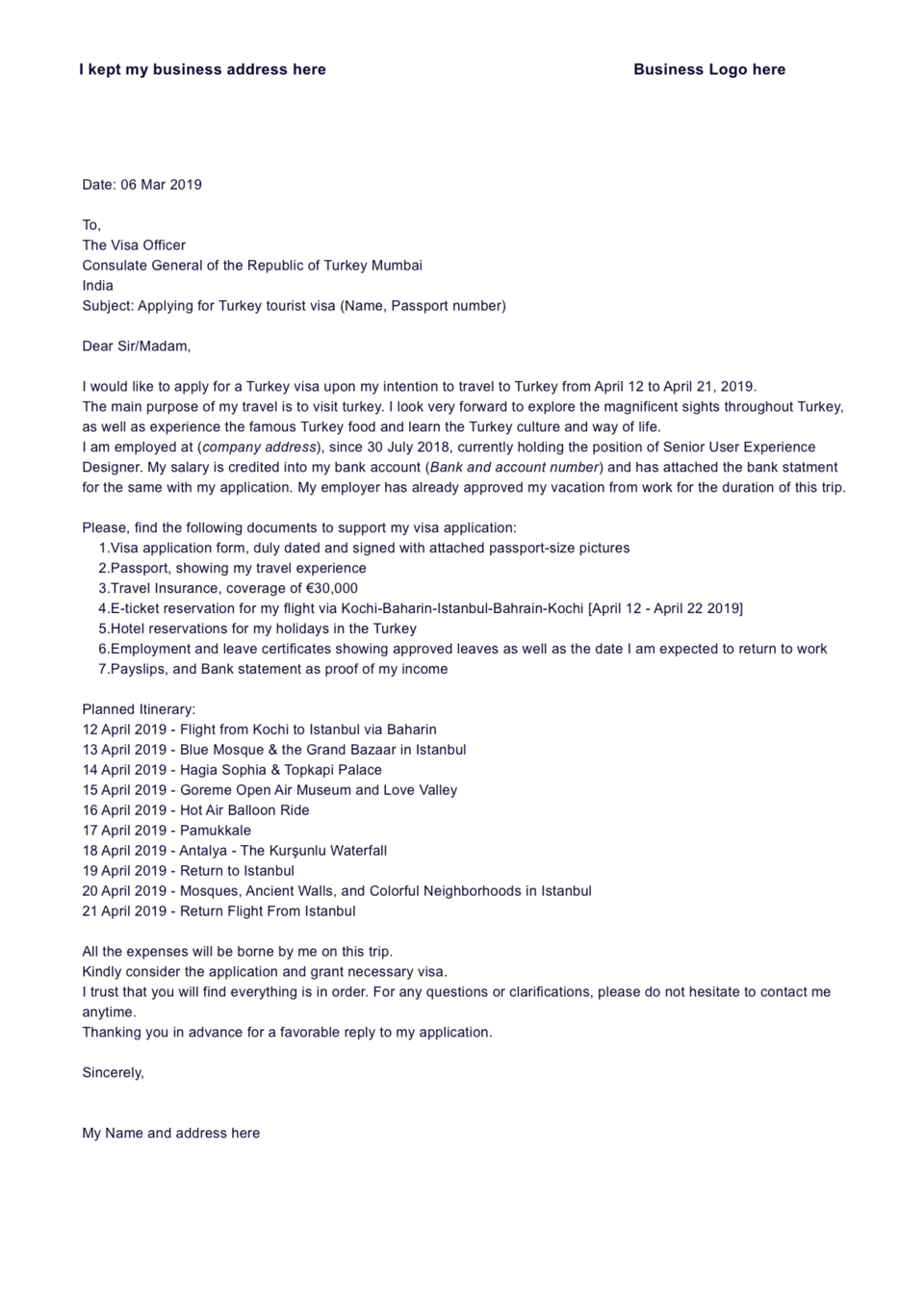 cover letter sample for turkey visa