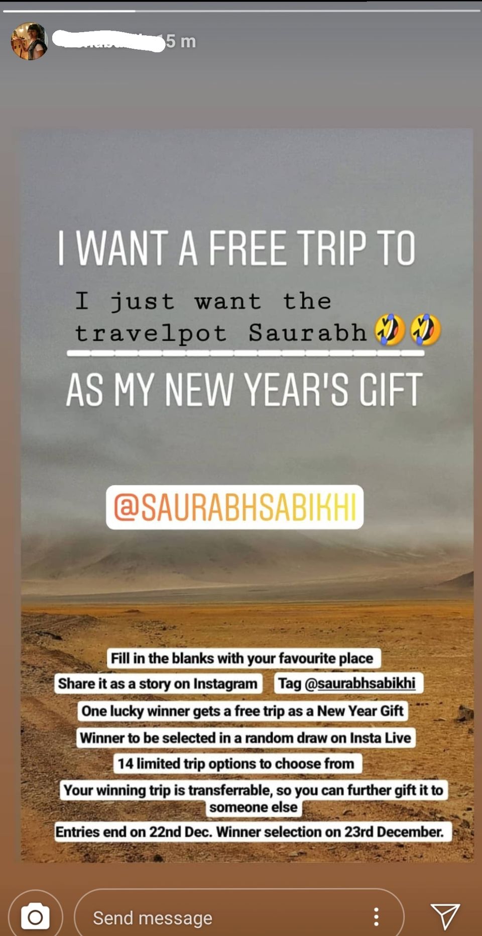 Photo of Saurabh Sabikhi is gifting free trips to people as a New Year's Gift to them 5/5 by S S (Saurabh Sabikhi)